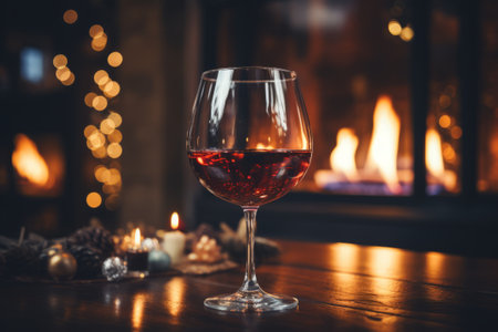 Drinking a glass of red wine in front of fireplace. Relaxing by the fire in cozy living room on winter day. Celebrating Christmas at home. Generative AI.の素材