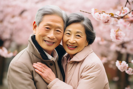 Happy senior asian couple walking a blossoming sakura park on spring evening. Retired husband and wife having fun outdoors. Retirement hobby and leisure activity for elderly people. Generative AI.の素材