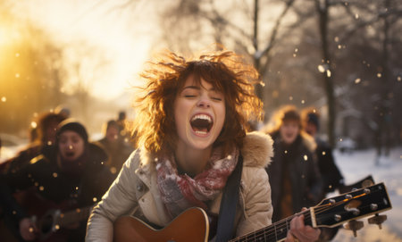 Cheerful street musicians performing in city park on snowy winter day. Performer playing a guitar. People gathering in the background. Generative AI.の素材