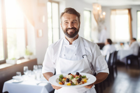 Cheerful restaurant chef holding a plate with some fancy dish on festive event, party or wedding reception. Generative AI.の素材