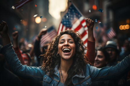 Excited young people wearing red and blue clothes celebrating the victory of USA team. People chanting and cheering for their sports team. Young people watching a match. Generative AI.の素材