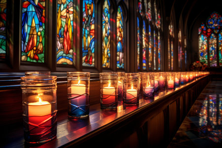 Lots of candles burning in church during Christmas time. Celebrating Christmas in church. Festive church decoration. Generative AI.の素材