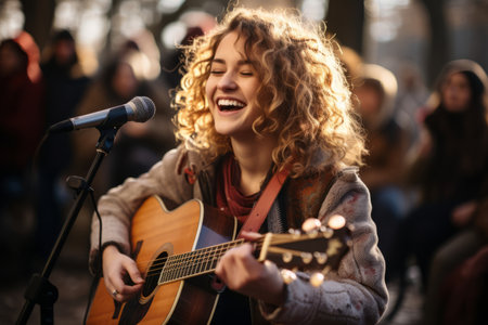 Cheerful street musicians performing in city park on snowy winter day. Performer playing a guitar. People gathering in the background. Generative AI.の素材