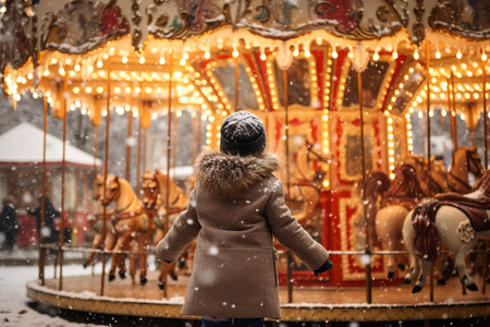 Excited little child looking at a carousel ride merry-go-round in amusement park during Christmas time. Family leisure with small kids in winter. Generative AI.の素材