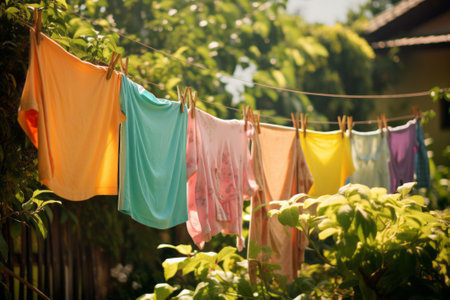 Colorful clothes laundry hanging on the clothline in the garden on bright and sunny summer day. Generative AI.の素材