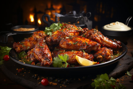 Spicy hot homemade buffalo wings on a plate. Hot chicken wings served with a dip. Generative AI.の素材