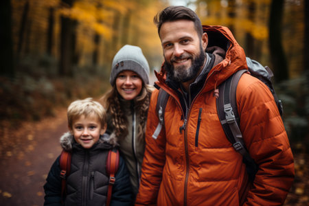 Happy family with small kids enjoying a hike in a forest on sunny autumn day. Active family leisure with children. Hiking and trekking on a nature trail. Generative AI.の素材
