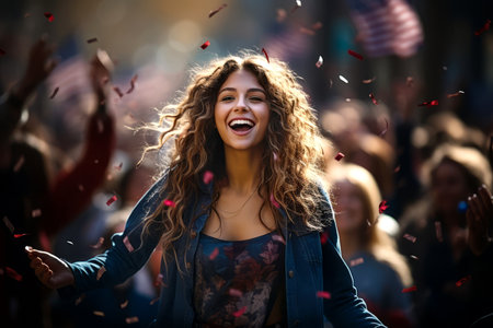 Excited young people wearing red and blue clothes celebrating the victory of USA team. People chanting and cheering for their sports team. Young people watching a match. Generative AI.の素材