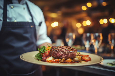 Waiter holding a plate with grilled beef steak with roasted vegetables on a side. Serving fancy food in a restaurant. Generative AI.の素材