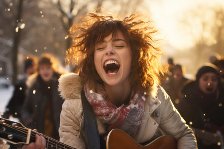 Cheerful street musicians performing in city park on snowy winter day. Performer playing a guitar. People gathering in the background. Generative AI.の素材