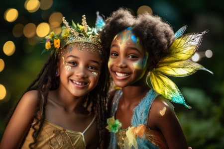 Two cute little black girls dressed as magic fairies have their faces painted with a facepaint. Children wearing costumes at a party outdoors. Generative AI.の素材
