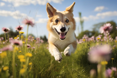 Friendly happy dog running at fast pace towards the camera in a blossoming flower meadow on sunny summer day. Walking a dog outdoors. Super wide angle shot. Generative AI.の素材