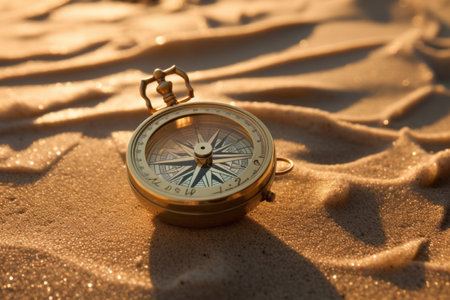 Compass laying on a sand on the beach. Travelling by foot by a seaside. Generative AI.の素材