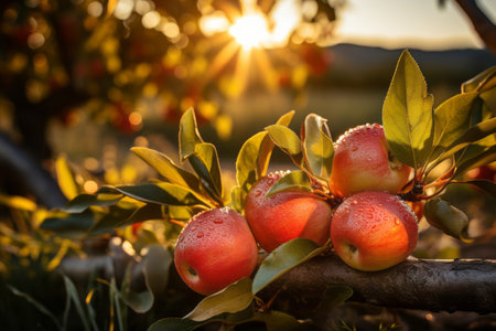 Red apples on apple tree branch on warm autumn day. Harvesting ripe fruits in an apple orchard. Growing own fruits and vegetables. Gardening and lifestyle of self-sufficiency. Generative AI.の素材