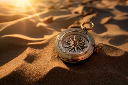 Compass laying on a sand on the beach. Travelling by foot by a seaside. Generative AI.の素材