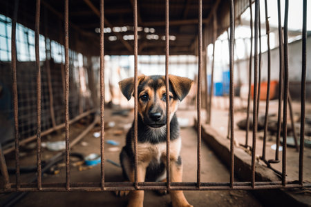 Sad homeless dog behind dog shelter bars. Adopting an abandonded pet. Generative AI.の素材