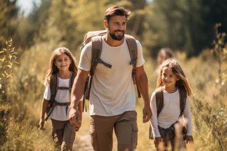 Happy family with small kids enjoying a hike in a forest on sunny summer day. Active family leisure with children. Hiking and trekking on a nature trail. Generative AI.の素材