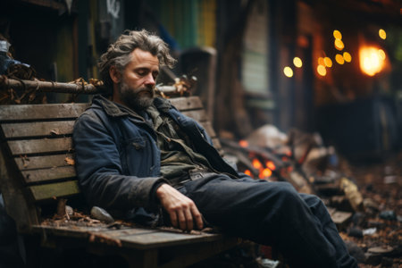 Poor tired depressed homeless man sleeping on the wooden bench on the street in the city. Generative AI.の素材