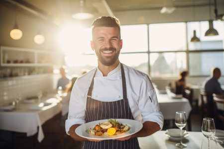 Cheerful restaurant chef holding a plate with some fancy dish on festive event, party or wedding reception. Generative AI.の素材