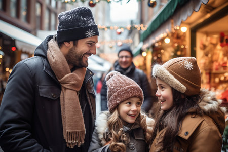 Father and two children having wonderful time on traditional Christmas market on winter evening. Parent and kid enjoying themselves in Christmas town decorated with lights. Generative AI.の素材