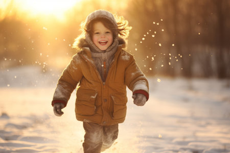 Happy little child playing in a snowfall on sunny winter day. Generative AI.の素材