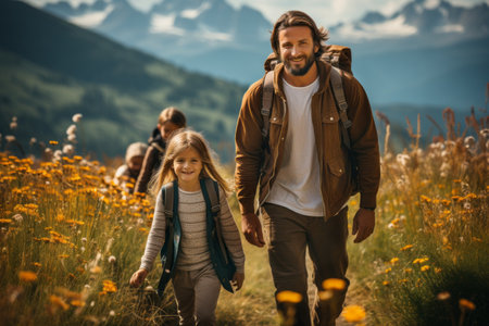 Happy family with small kids enjoying a hike in a mountains on sunny summer day. Active family leisure with children. Hiking and trekking on a nature trail. Generative AI.の素材