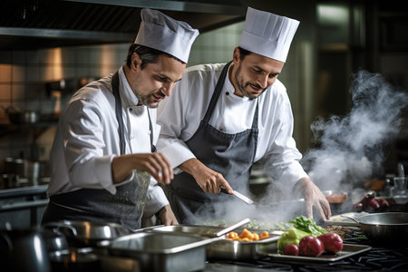 Two chefs cooking food at restaurant kitchen. Male cooks preparing food by kitchen counter. Generative AI.の素材