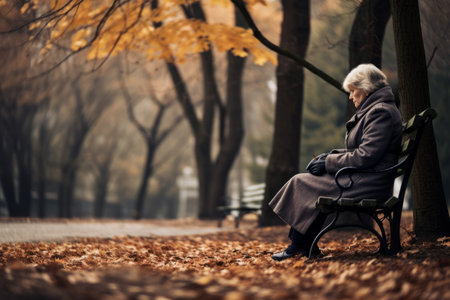 Beautiful senior lady sitting alone on a bench in city park on autumn day. Elderly woman enjoying nice fall weather. Generative AI.の素材