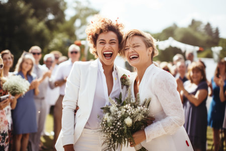 Happy cheerful lesbian brides hugging on their wedding day. Female gay couple surrounded with flowers. Homosexuality, same-sex marriage and love concept. Generative AI.の素材