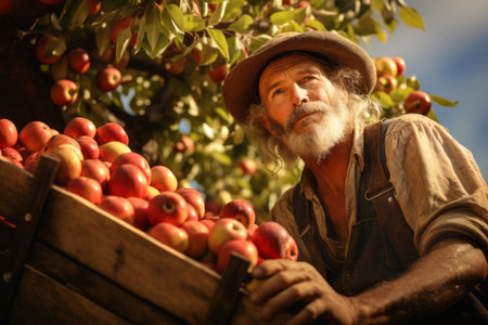 Happy senior farmer proudly harvesting own grown apples. Self-sufficient lifestyle. Generative AI.の素材