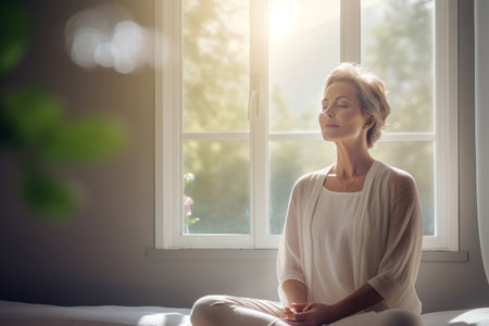 Beautiful middle age woman meditating at home in sunny living room. Peaceful woman doing yoga in lotus pose. Finding inner balance, managing stress. Generative AI.の素材