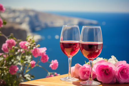 Two glasses of red wine in a restaurant overlooking beautiful mediterranean landscape. Drinking wine, sunny day in Italy. Generative AI.の素材