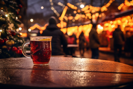 Fresh hot mulled wine a wooden table on Christmas market. Decorated and illuminated outdoor tables of a restaurant of cafe. Snowy winter day. Generative AI.の素材