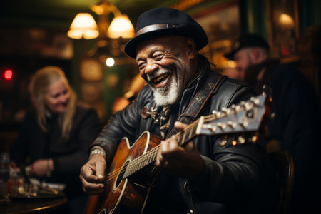 Cheerful musician performing in a pub. Performer playing a guitar. People gathering in the background. Generative AI.の素材
