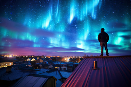 Silhouette of a man standing on the roof of his house admiring the view of aurora borealis. Sky with stars and green polar lights. Northern lights. Generative AI.の素材