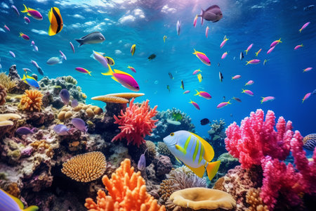Colourful fish swimming in underwater coral reef landscape. Deep blue ocean with colorful fish and marine life. Generative AI.の素材