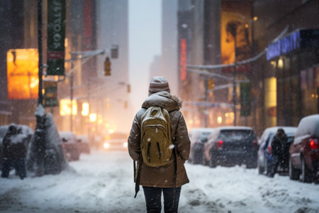 Person walking the street during a snow storm. Heavy snow in evening city. Generative AI.の素材