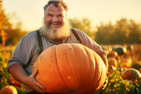 Senior male gardener holding harvested pumpkin in the garden. Mature farmer with a bunch of self-grown goods. Growing own herbs and vegetables in a homestead. Generative AI.の素材