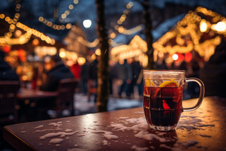 Fresh hot mulled wine a wooden table on Christmas market. Decorated and illuminated outdoor tables of a restaurant of cafe. Snowy winter day. Generative AI.の素材