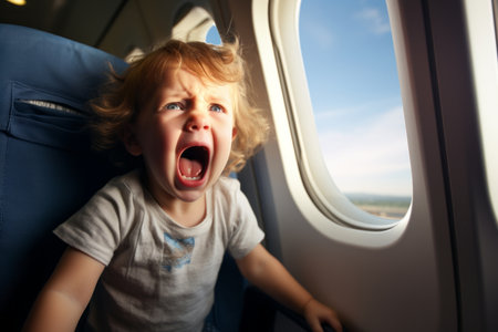 Toodler boy having a temper tantrum while sitting by airplane window. Angry child screaming and crying in aircraft cabin. Travelling with small kids. Flying with children. Generative AI.の素材