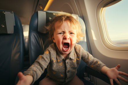 Toodler boy having a temper tantrum while sitting by airplane window. Angry child screaming and crying in aircraft cabin. Travelling with small kids. Flying with children. Generative AI.の素材