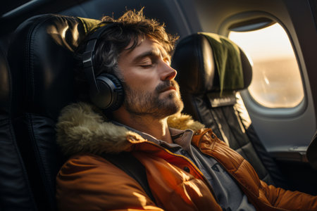 Man listening to music while sitting by airplane window. Person wearing headphones in aircraft seat. Travelling by plane. Generative AI.の素材