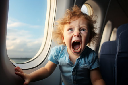 Toodler boy having a temper tantrum while sitting by airplane window. Angry child screaming and crying in aircraft cabin. Travelling with small kids. Flying with children. Generative AI.の素材