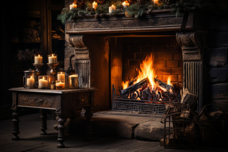 Cozy dark rustic living room with a fireplace, decorated for Christmas. Generative AI.の素材