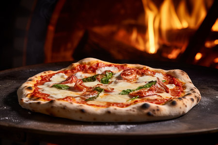 Deliciuos Margherita pizza in an oven. Freshly baked hot pizza with tomatoes, basil and mozzarella cheese. Generative AI.の素材