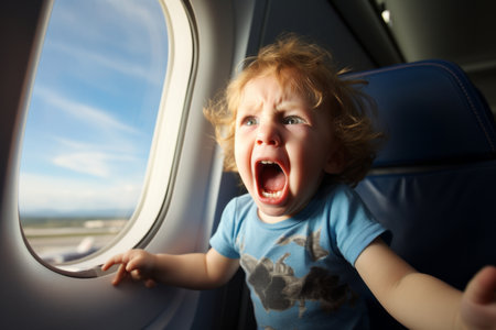Toodler boy having a temper tantrum while sitting by airplane window. Angry child screaming and crying in aircraft cabin. Travelling with small kids. Flying with children. Generative AI.の素材