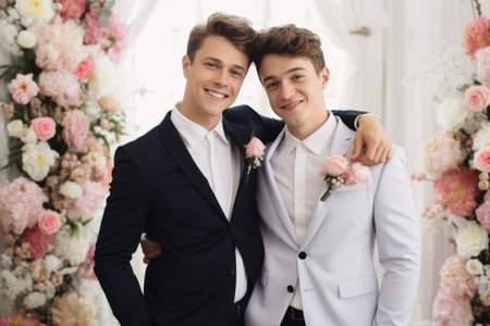 Happy cheerful gay grooms hugging on their wedding day. Male gay couple surrounded with flowers. Homosexuality, same-sex marriage and love concept. Generative AI.の素材