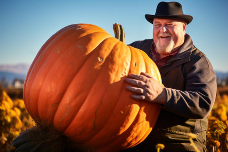 Senior male gardener holding harvested pumpkin in the garden. Mature farmer with a bunch of self-grown goods. Growing own herbs and vegetables in a homestead. Generative AI.の素材