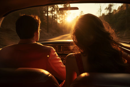 Young couple going on a road trip together. Man and woman riding in a car. Generative AI.の素材