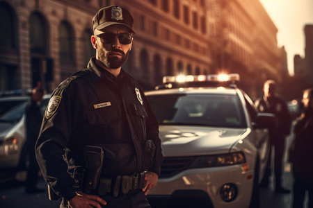 Policeman standing in front of police car. Cop wearing uniform near a patrol car. Generative AI.の素材